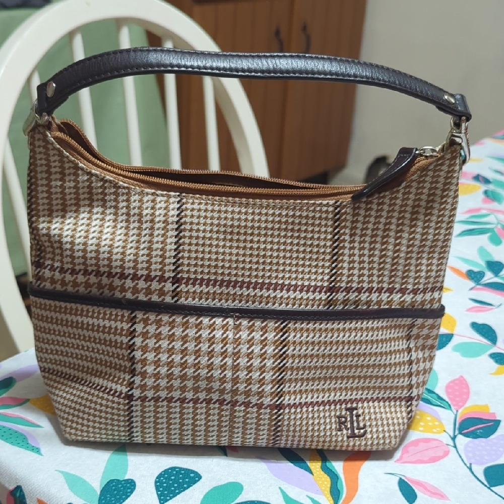 Lauren Ralph Lauren Tan and Brown Plaid Shoulder Bag